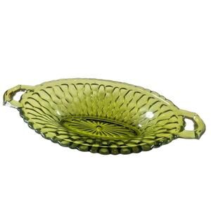 Indiana Glass Avocado Green Honeycomb Oval Pickle Dish 2- Handles Vintage 1960s
